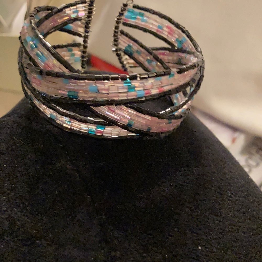 Wire beaded cuff bracelet.  Black, pink and Blue.